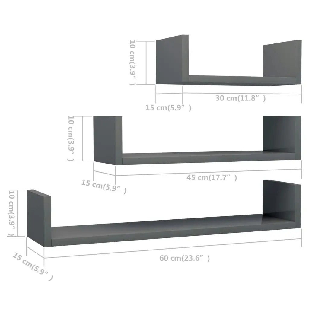 Wall Display Shelf 3 pcs High Gloss Grey Engineered Wood 800206