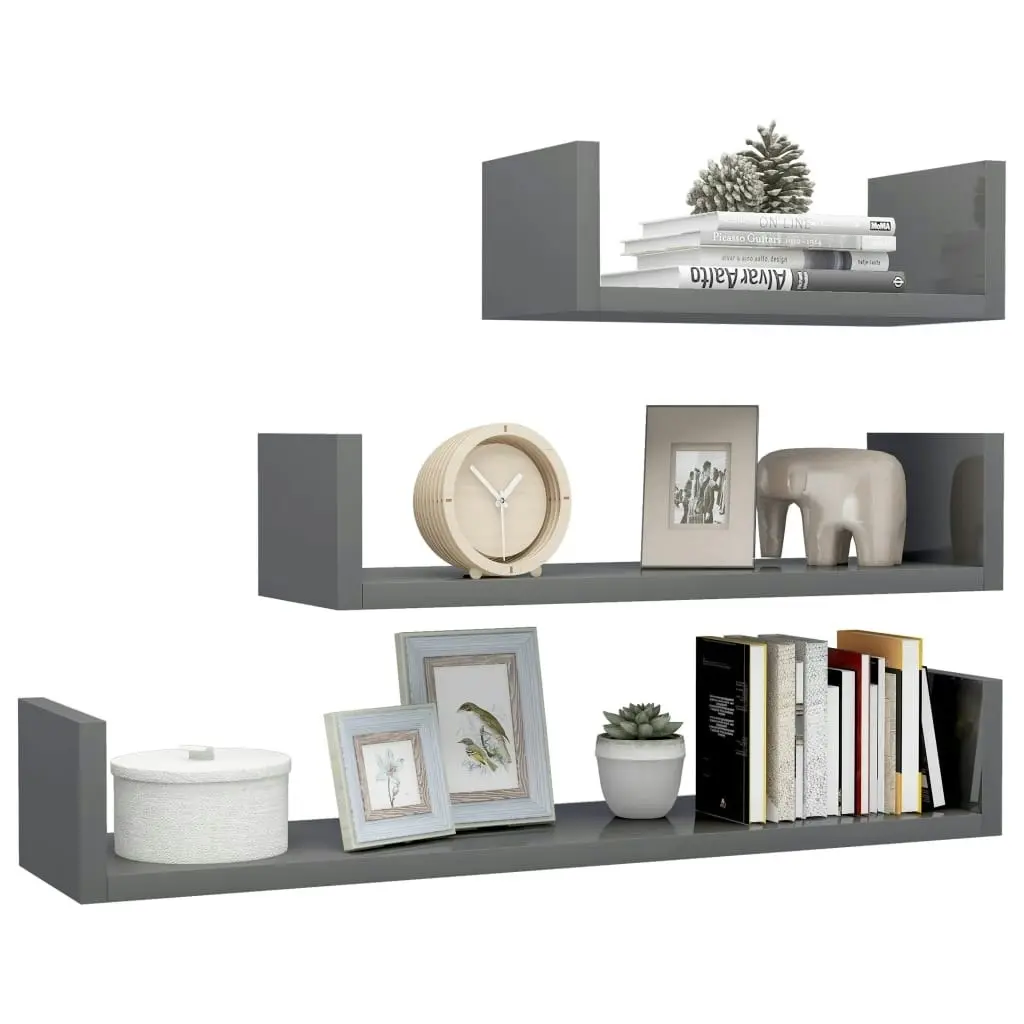 Wall Display Shelf 3 pcs High Gloss Grey Engineered Wood 800206