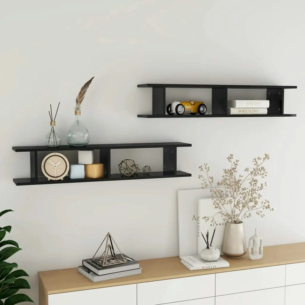 Wall Shelves 2 pcs High Gloss Black 105x18x20cm Engineered Wood 807212