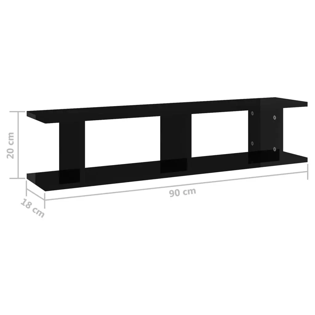 Wall Shelves 2 pcs High Gloss Black 90x18x20 cm Engineered Wood 807203