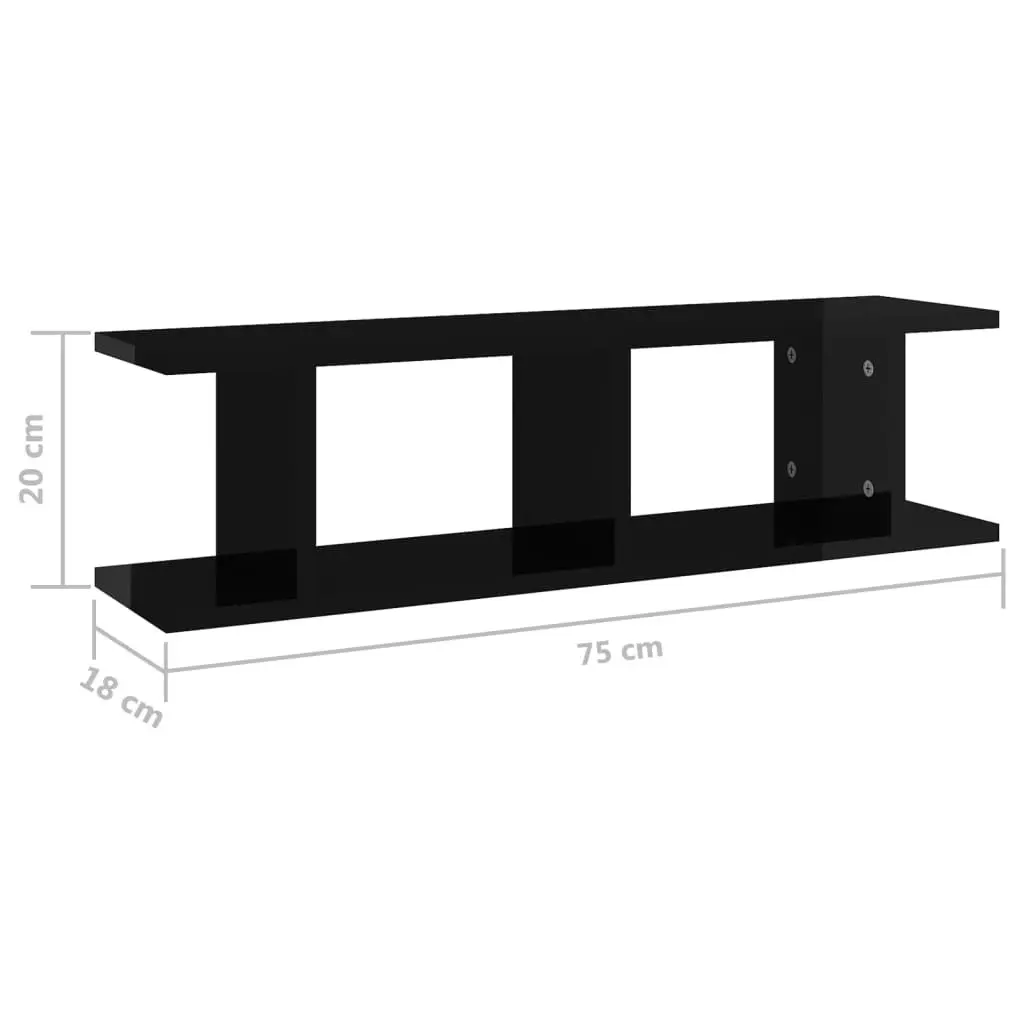 Wall Shelves 2 pcs High Gloss Black 75x18x20 cm Engineered Wood 807194