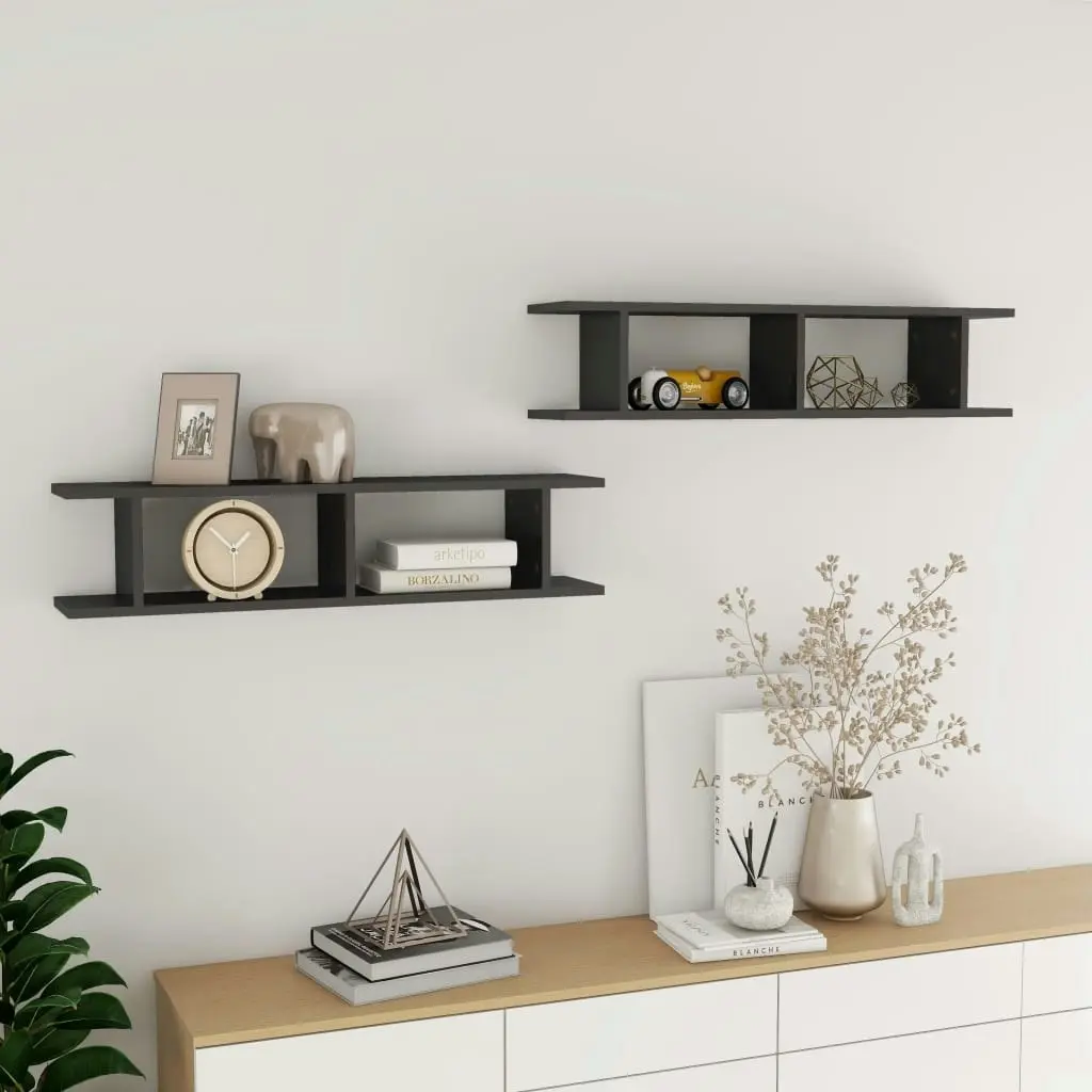 Wall Shelves 2 pcs High Gloss Grey 90x18x20 cm Engineered Wood 807204