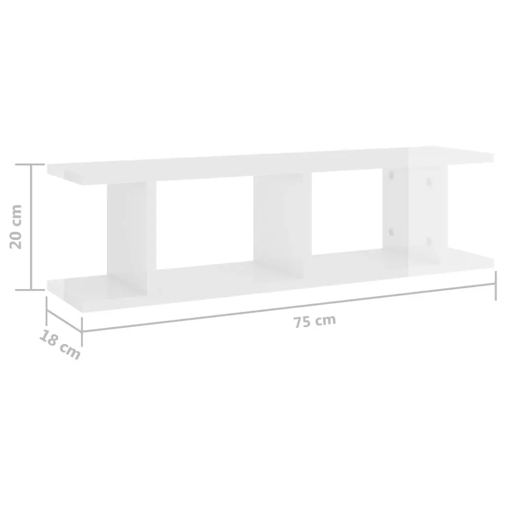 Wall Shelves 2 pcs High Gloss White 75x18x20 cm Engineered Wood 807193