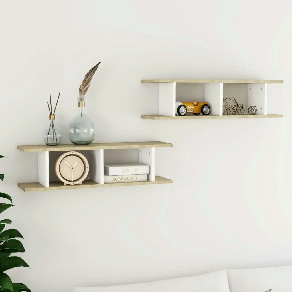 Wall Shelves 2 pcs White and Sonoma Oak 75x18x20 cm Engineered Wood 807192