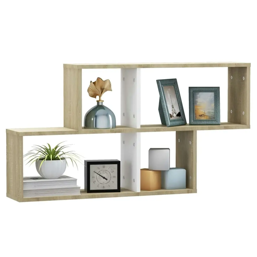 Wall Shelf White and Sonoma Oak 100x18x53 cm Engineered Wood 807165