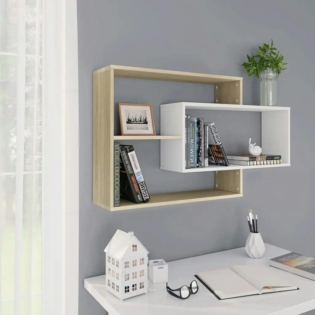 Wall Shelves White and Sonoma Oak 104x20x58.5 cm Engineered Wood 800329