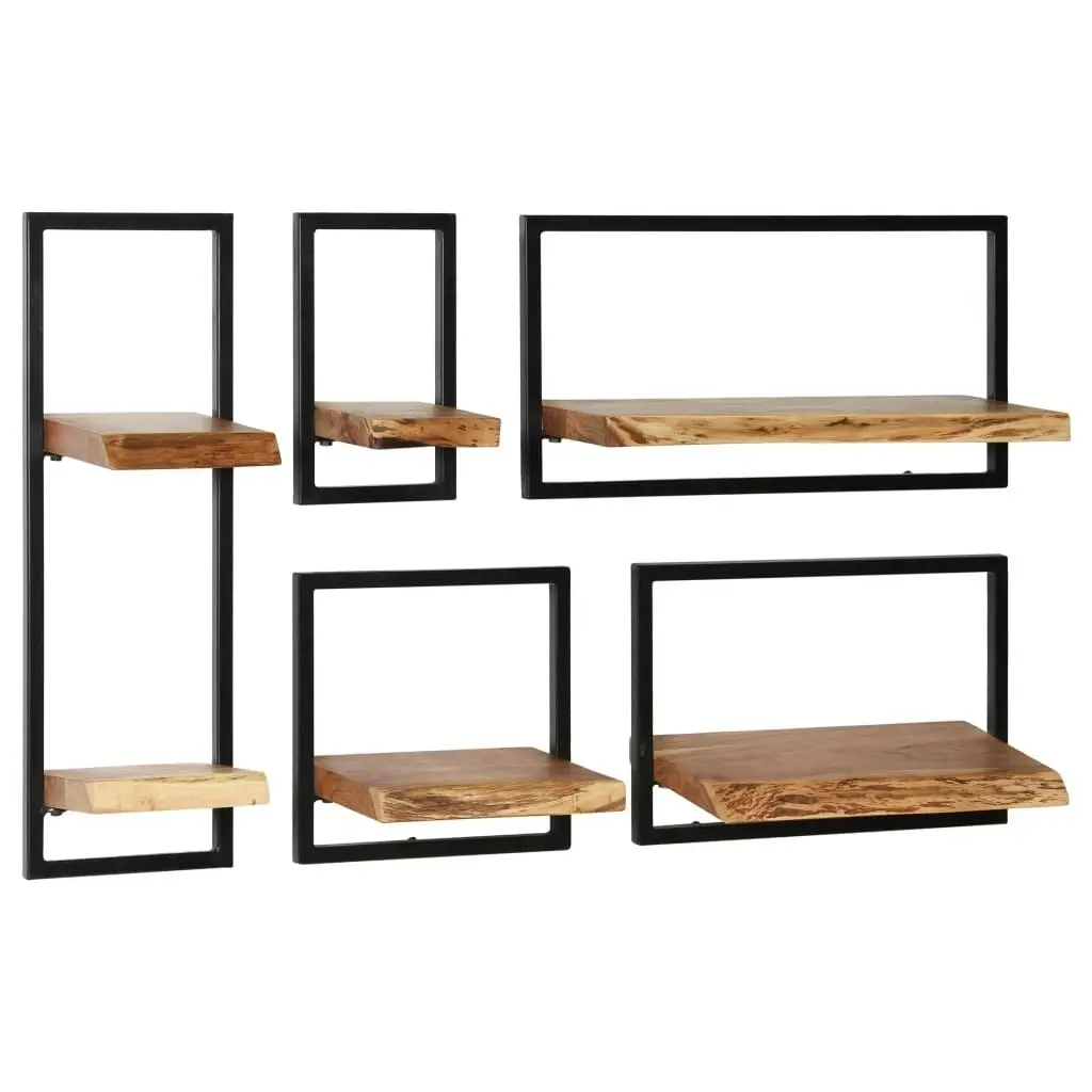 Wall Shelf Set 5 Pieces Solid Acacia Wood and Steel 246014