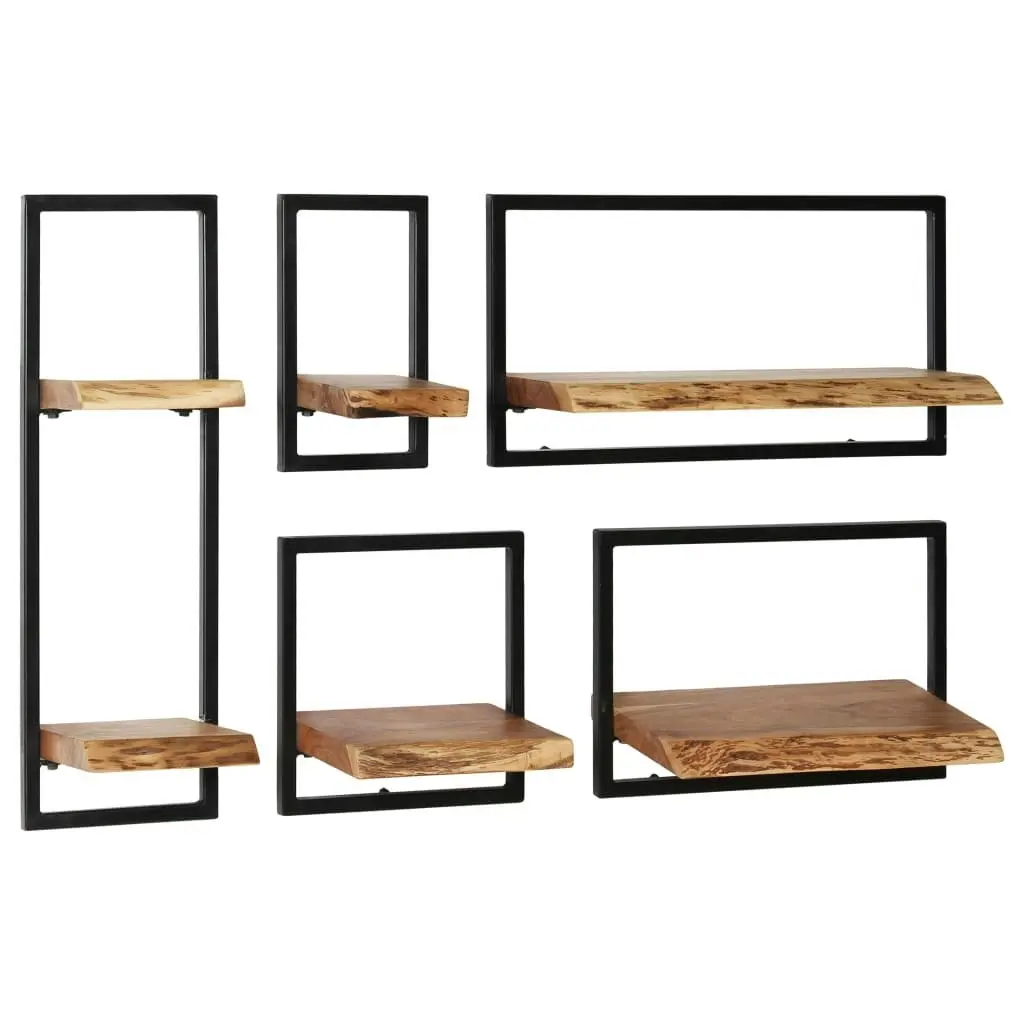 Wall Shelf Set 5 Pieces Solid Acacia Wood and Steel 246014