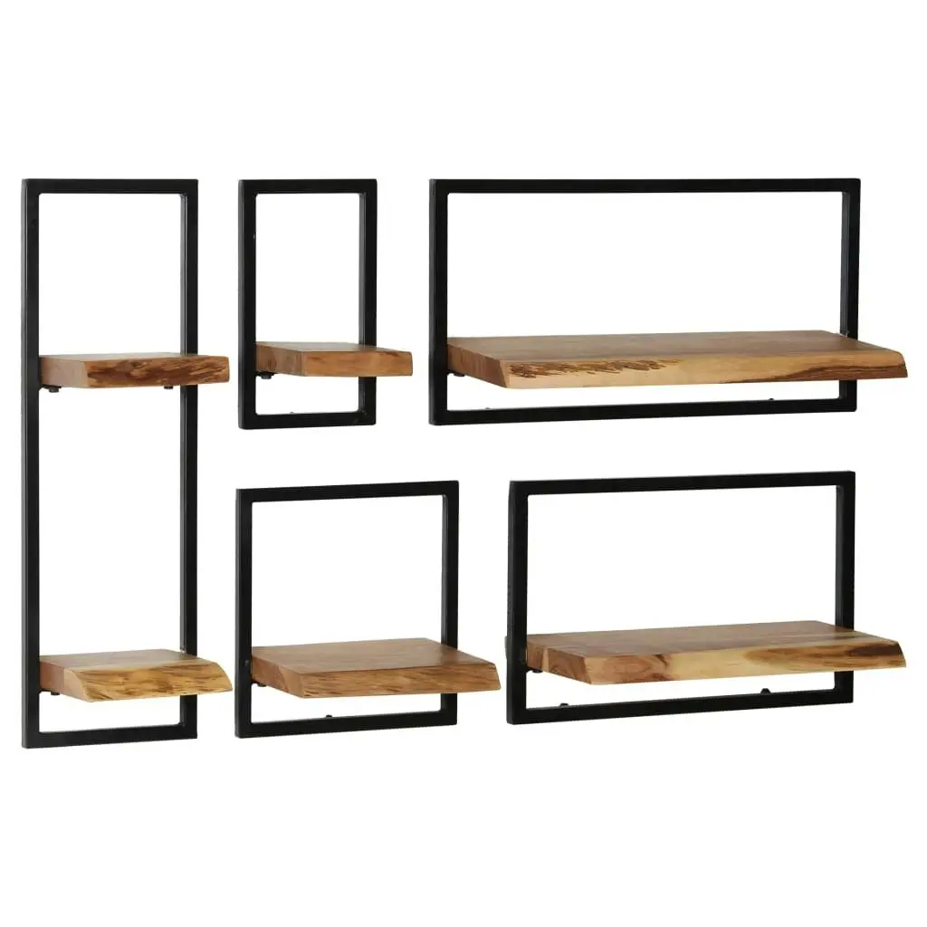 Wall Shelf Set 5 Pieces Solid Acacia Wood and Steel 246014