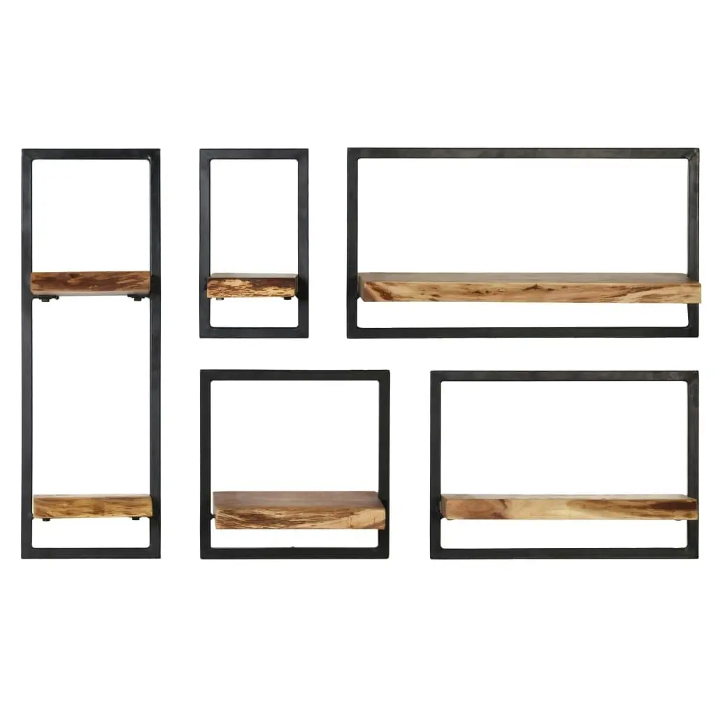 Wall Shelf Set 5 Pieces Solid Acacia Wood and Steel 246014