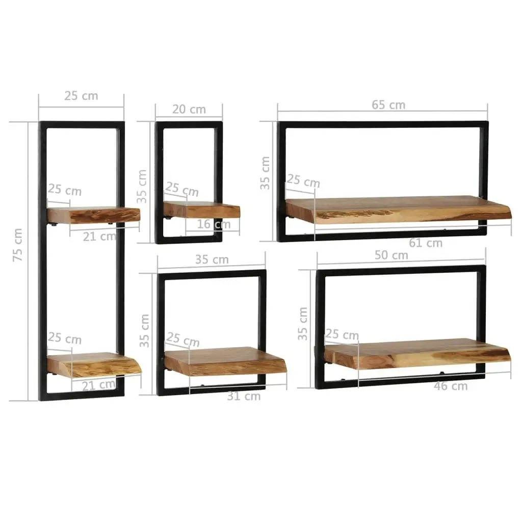 Wall Shelf Set 5 Pieces Solid Acacia Wood and Steel 246014