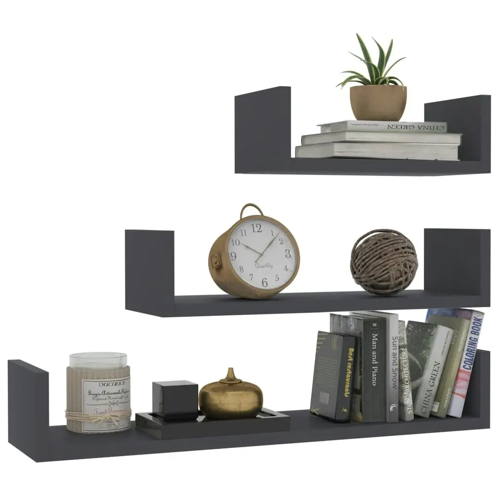 Wall Display Shelf 3 pcs Grey Engineered Wood 800200