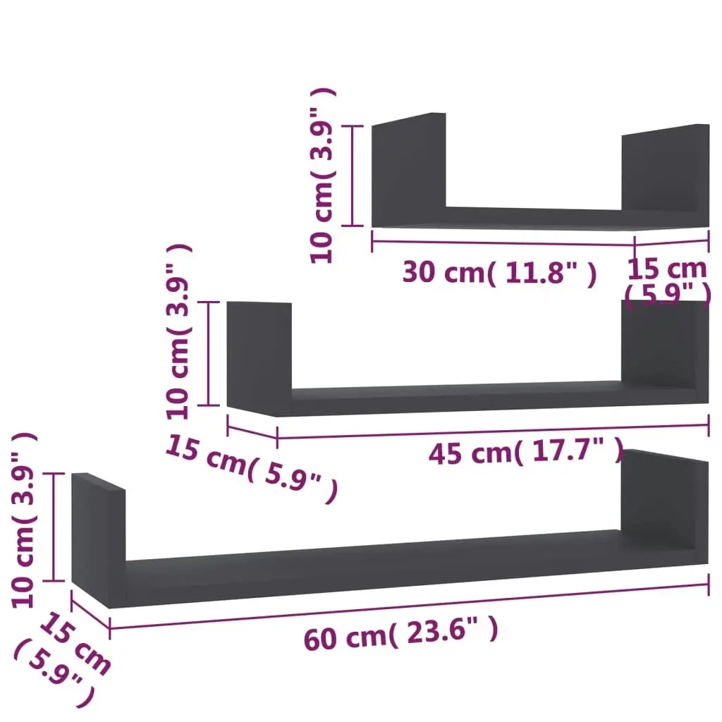 Wall Display Shelf 3 pcs Grey Engineered Wood 800200