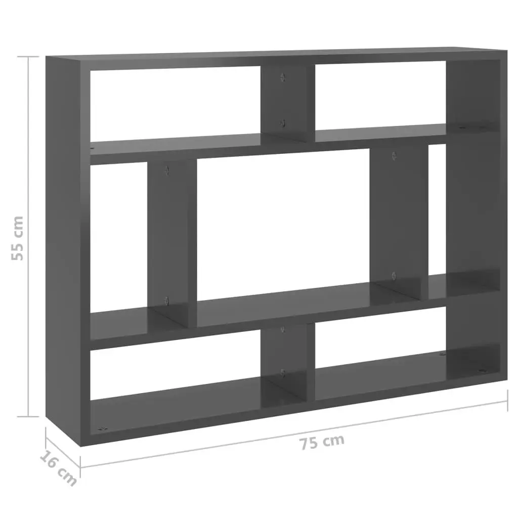 Wall Shelf High Gloss Grey 75x16x55 cm Engineered Wood 803010