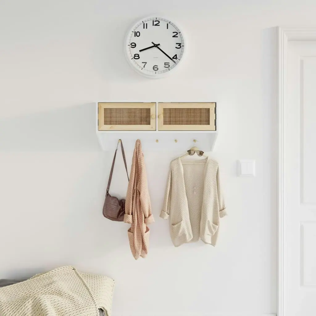 Wall-mounted Coat Rack White Engineered Wood and Natural Rattan 345651