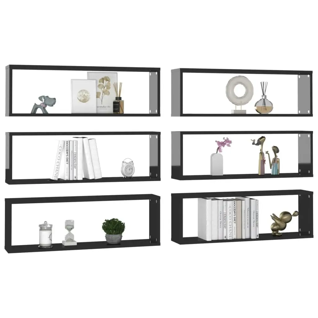 Wall Cube Shelves 6 pcs High Gloss Black 80x15x26.5cm Engineered Wood 807129