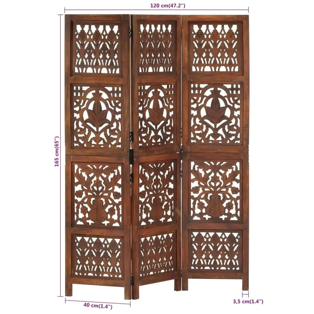 Hand Carved 3-Panel Room Divider Brown 120x165 cm Solid Mango Wood 285334