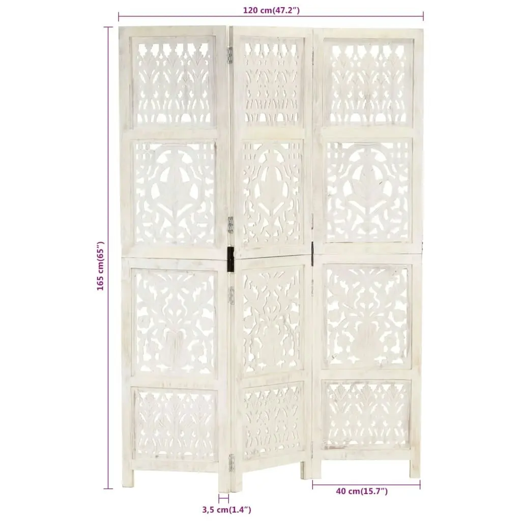 Hand Carved 3-Panel Room Divider White 120x165 cm Solid Mango Wood 285330