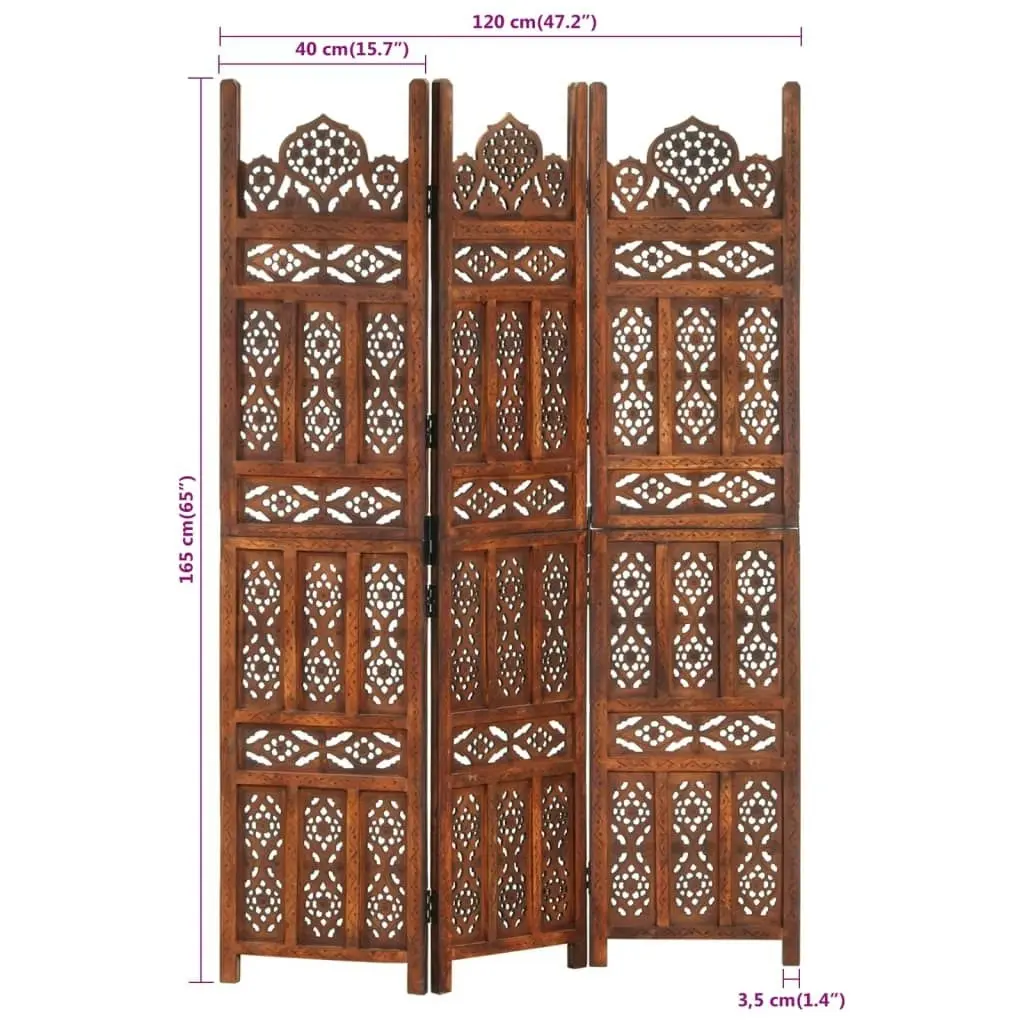 Hand Carved 3-Panel Room Divider Brown 120x165 cm Solid Mango Wood 285324