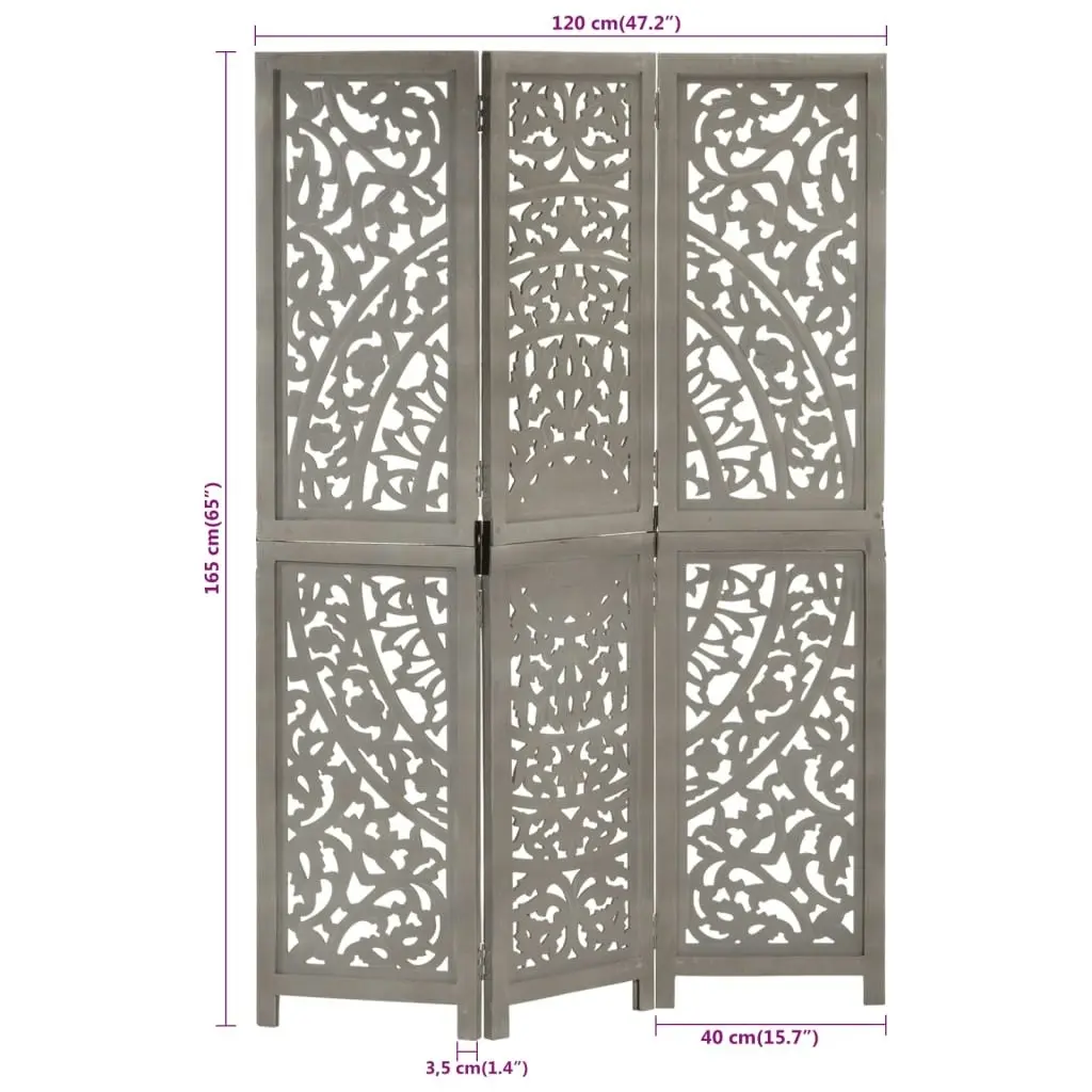 Hand carved 3-Panel Room Divider Grey 120x165 cm Solid Mango Wood 285337