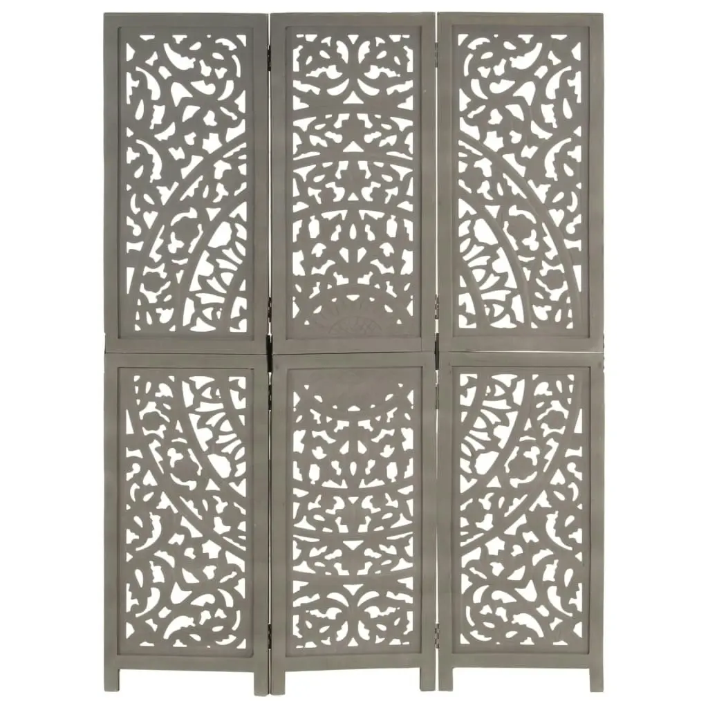 Hand carved 3-Panel Room Divider Grey 120x165 cm Solid Mango Wood 285337