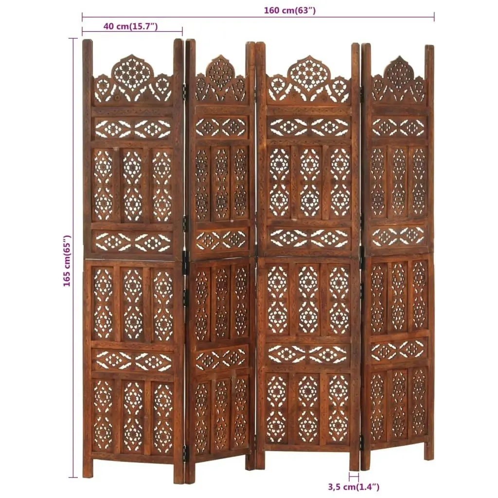 Hand carved 4-Panel Room Divider Brown 160x165 cm Solid Mango Wood 285325