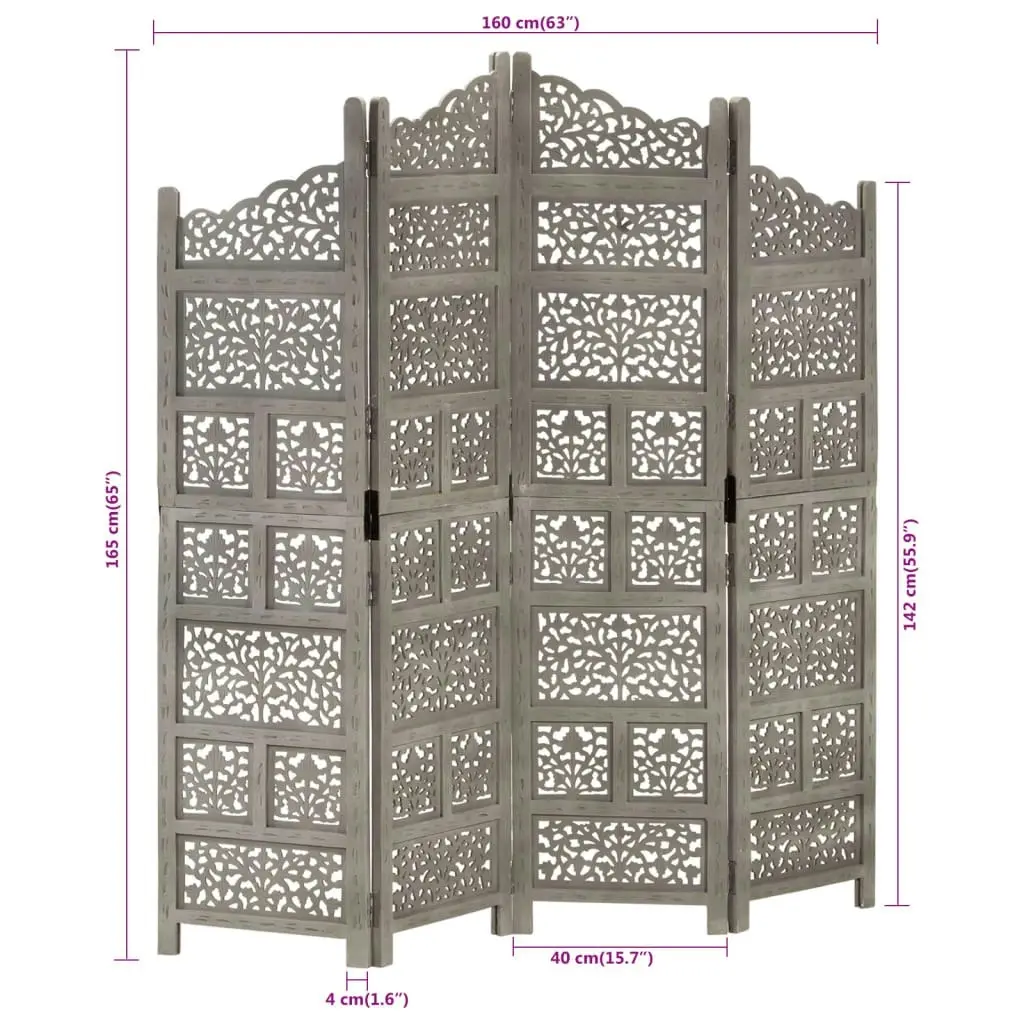 Hand carved 4-Panel Room Divider Grey 160x165 cm Solid Mango Wood 285328