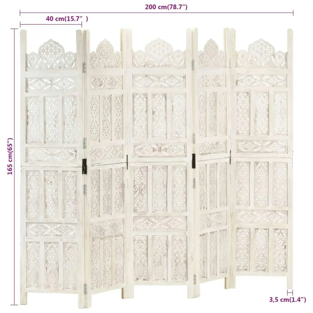 Hand carved 5-Panel Room Divider White 200x165 cm Solid Mango Wood 285320