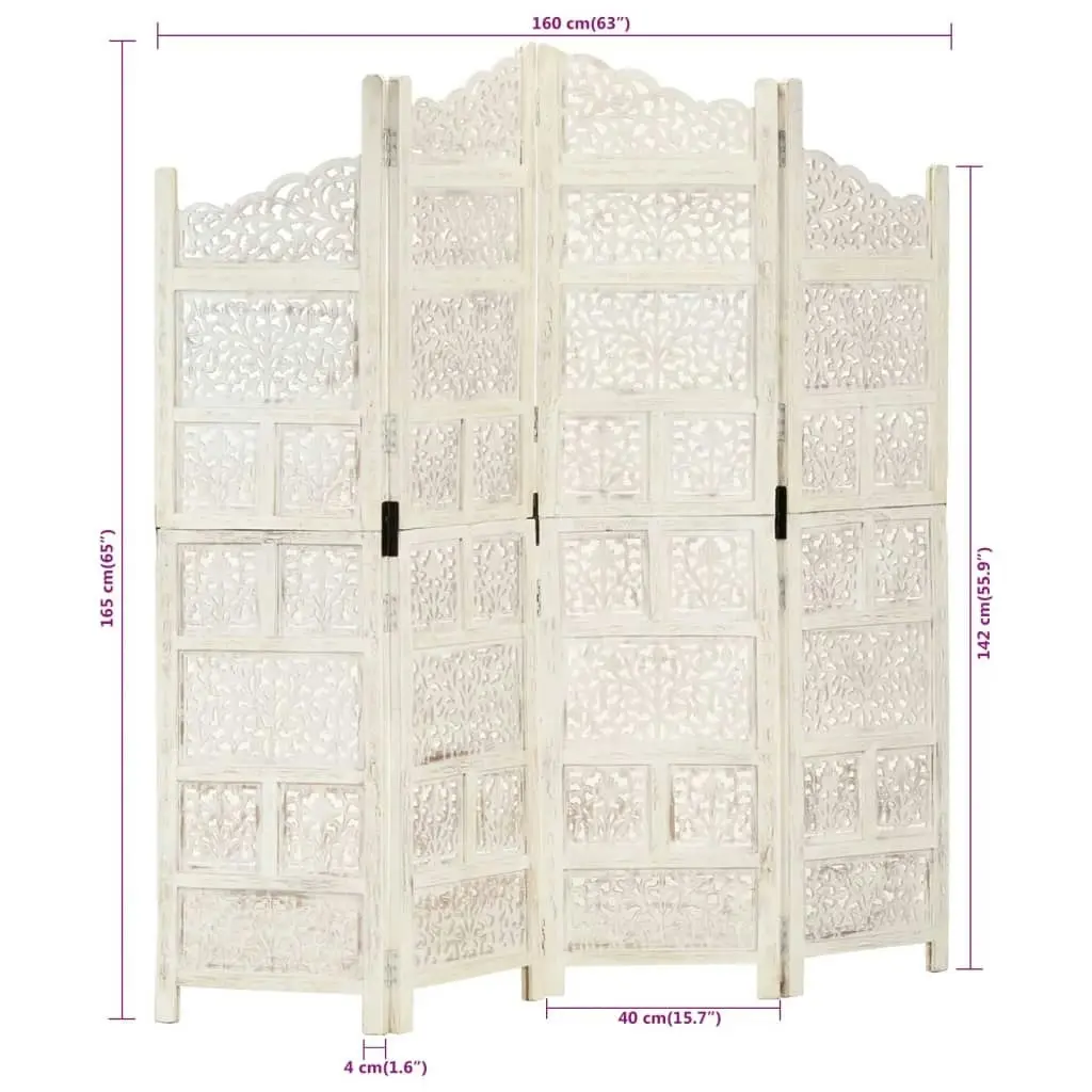 Hand carved 4-Panel Room Divider White 160x165 cm Solid Mango Wood 285327