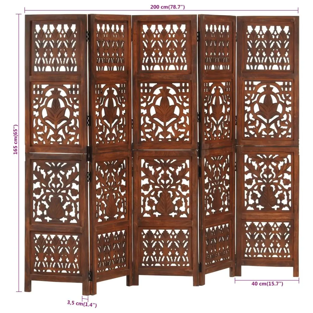 Hand Carved 5-Panel Room Divider Brown 200x165 cm Solid Mango Wood 285335