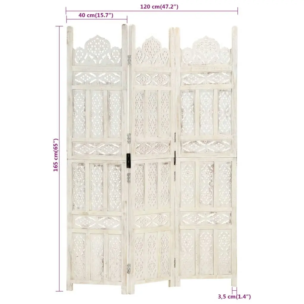 Hand carved 3-Panel Room Divider White 120x165 cm Solid Mango Wood 285318