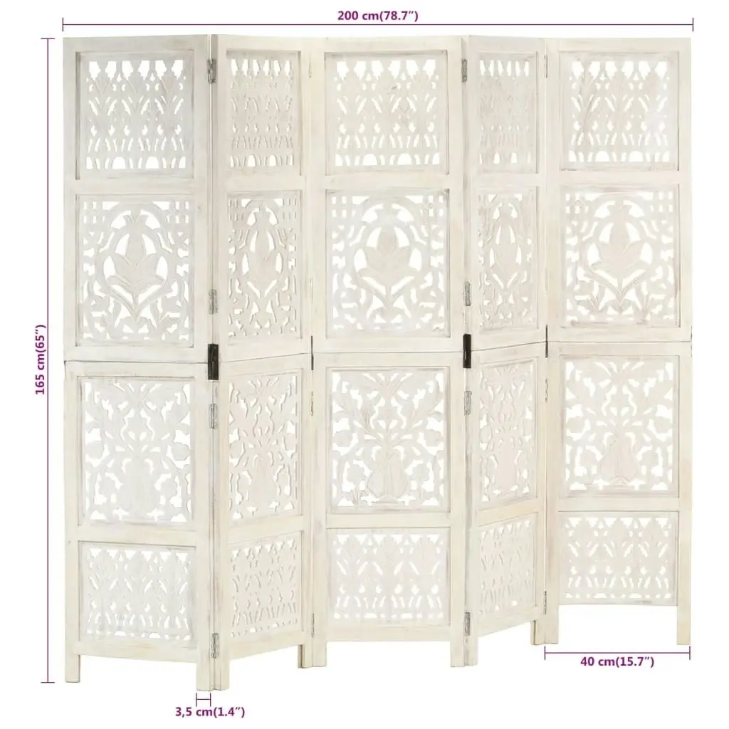 Hand carved 5-Panel Room Divider White 200x165 cm Solid Mango Wood 285331