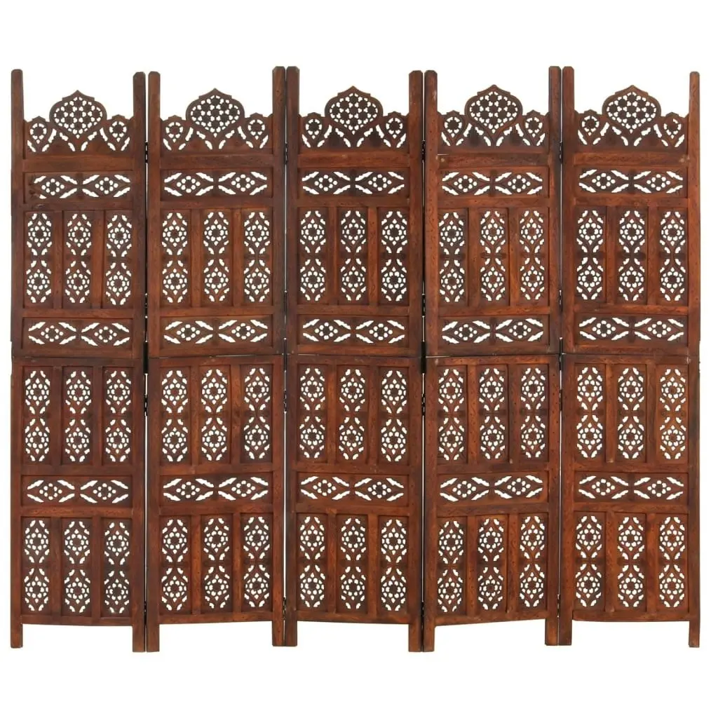 Hand carved 5-Panel Room Divider Brown 200x165 cm Solid Mango Wood 285326