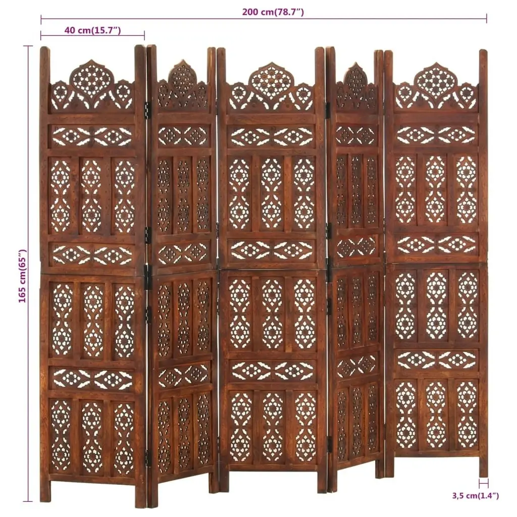 Hand carved 5-Panel Room Divider Brown 200x165 cm Solid Mango Wood 285326