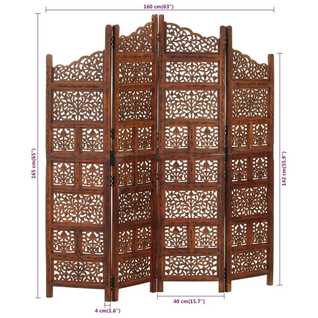 Hand carved 4-Panel Room Divider Brown 160x165 cm Solid Mango Wood 285329