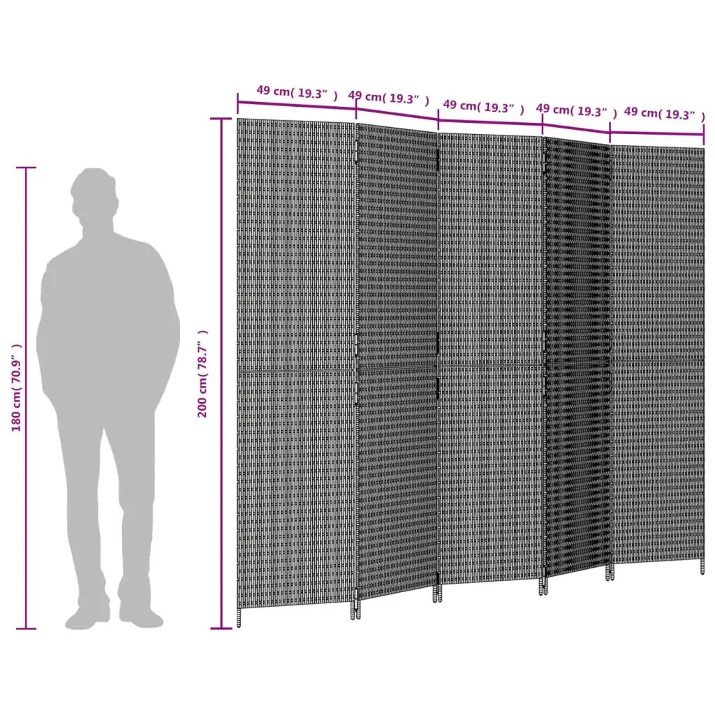 Room Divider 5 Panels Grey Poly Rattan 365366