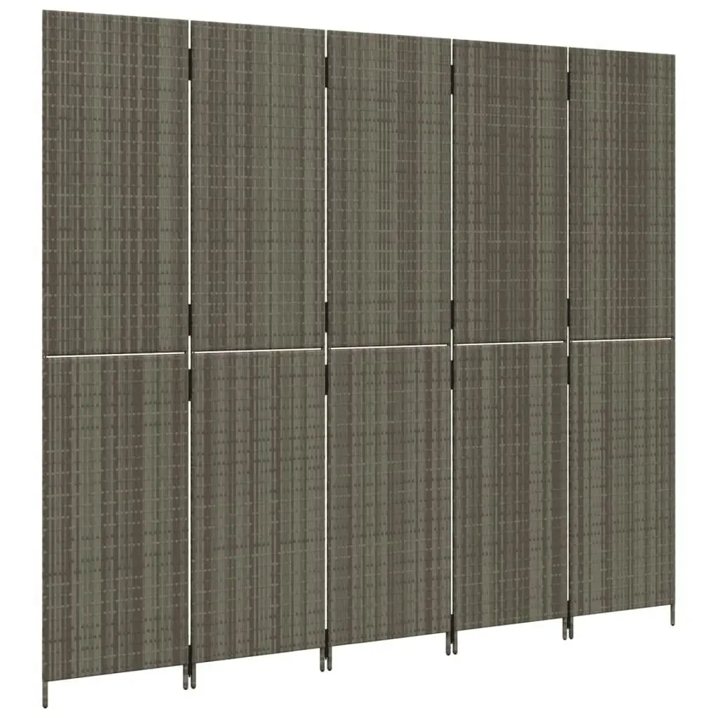 Room Divider 5 Panels Grey Poly Rattan 365366