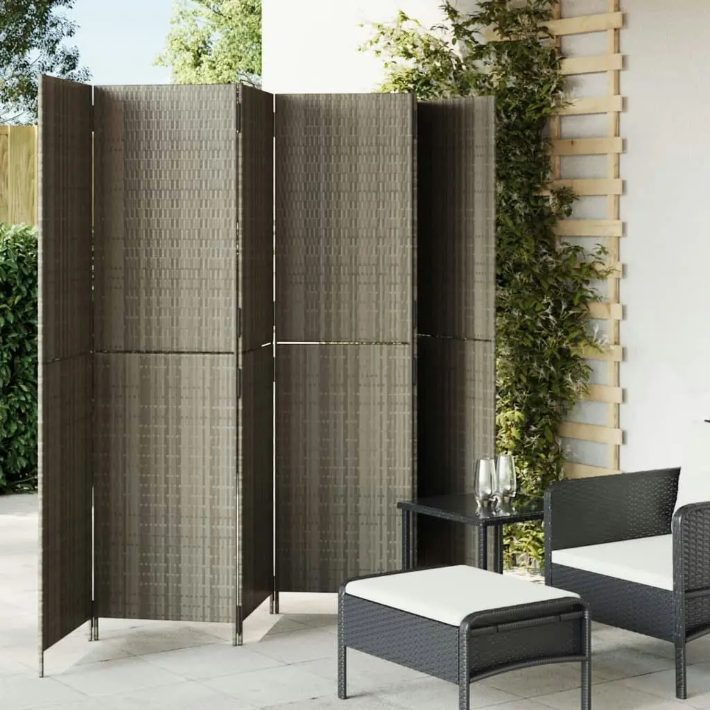 Room Divider 6 Panels Grey Poly Rattan 365354