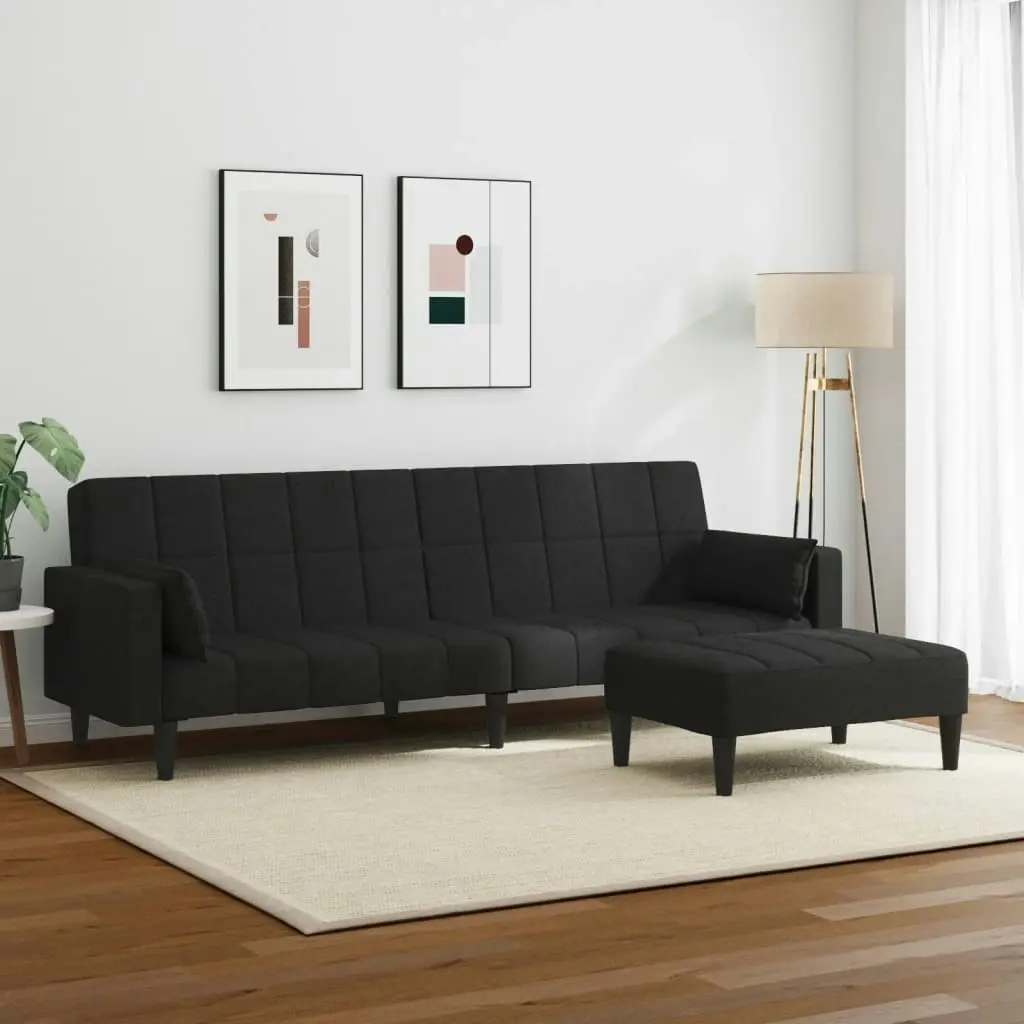 2-Seater Sofa Bed with Footstool Black Fabric 3258125