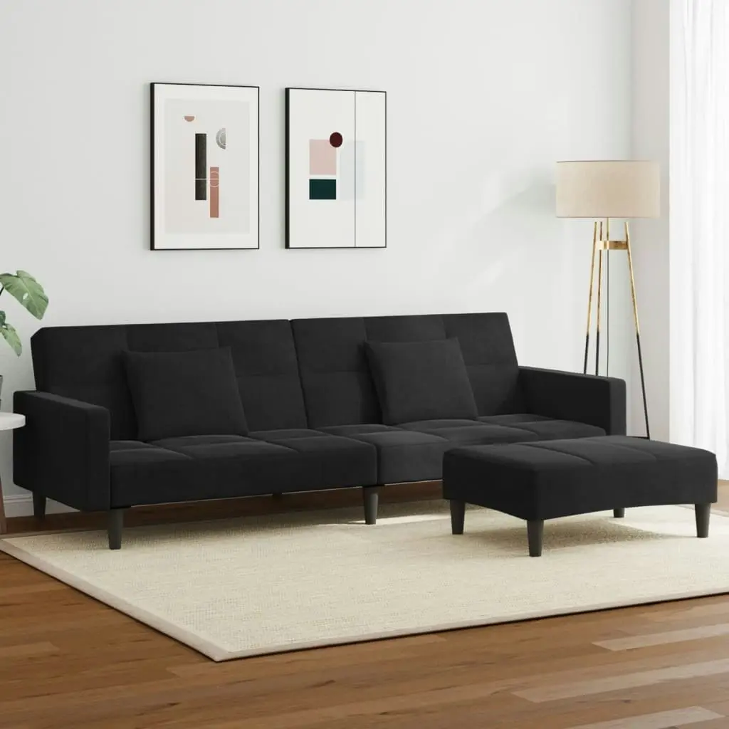 2-Seater Sofa Bed with Footstool Black Velvet 3258119