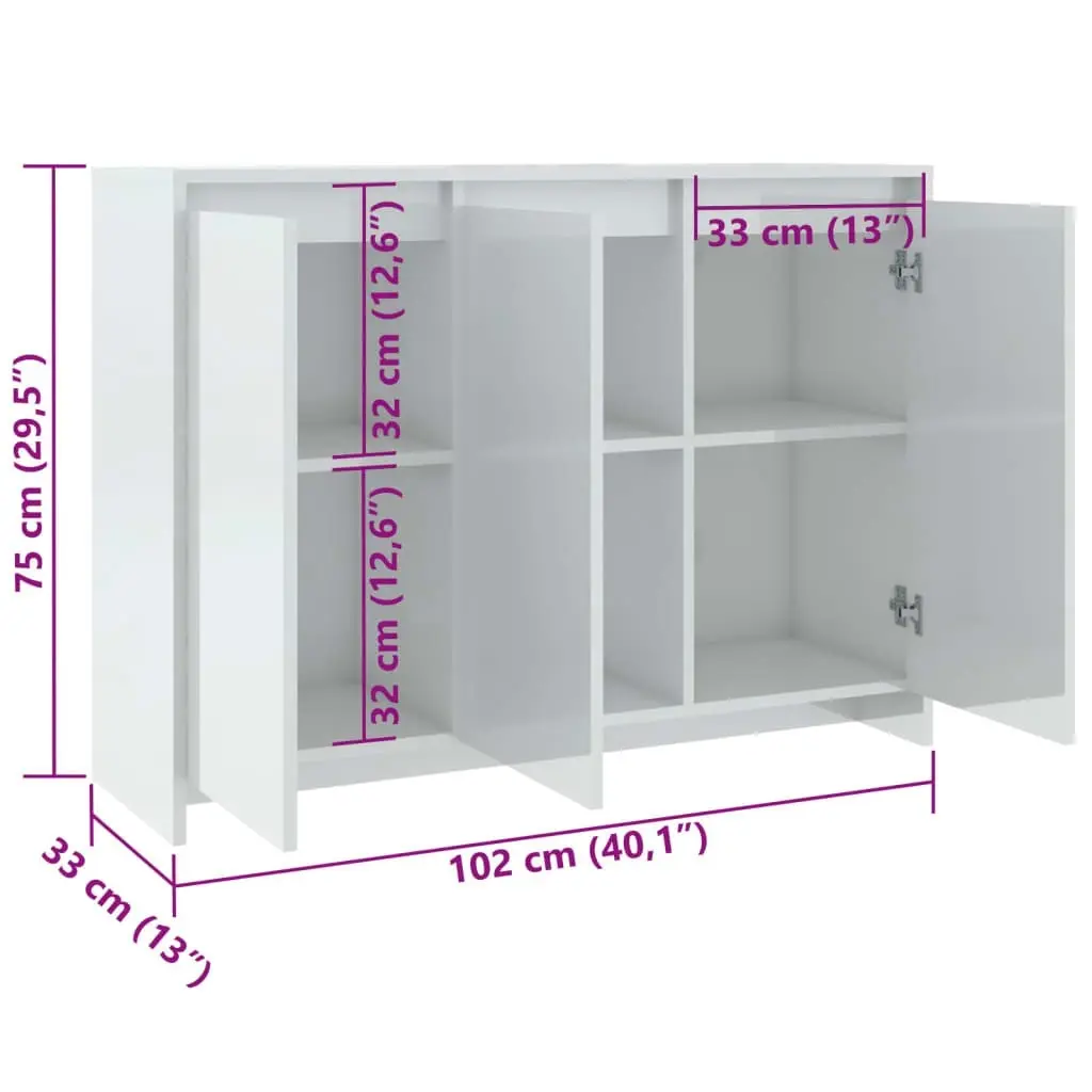 Sideboard High Gloss White 102x33x75 cm Engineered Wood 809779