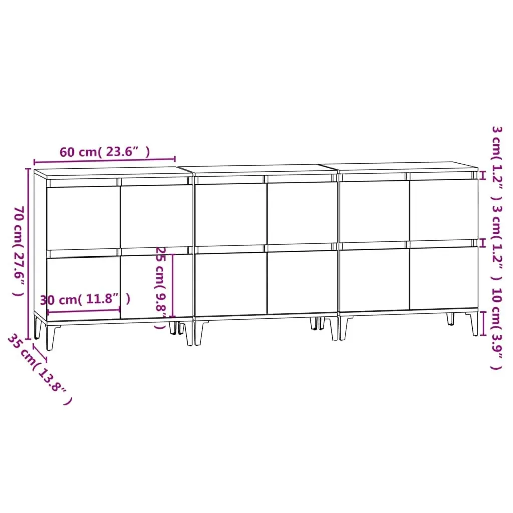 Sideboards 3 pcs High Gloss White 60x35x70 cm Engineered Wood 3185777