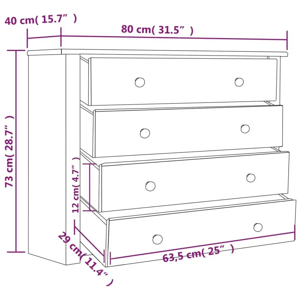 Side Cabinet White 80x40x73 cm Pine Panama Range 282660