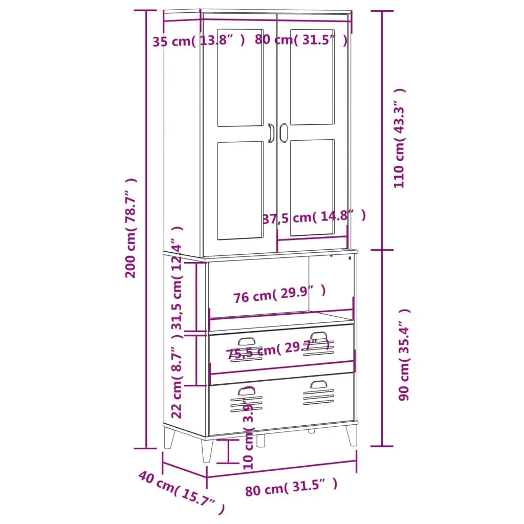 Highboard VIKEN White 80x40x200 cm Solid Wood Pine 3207141