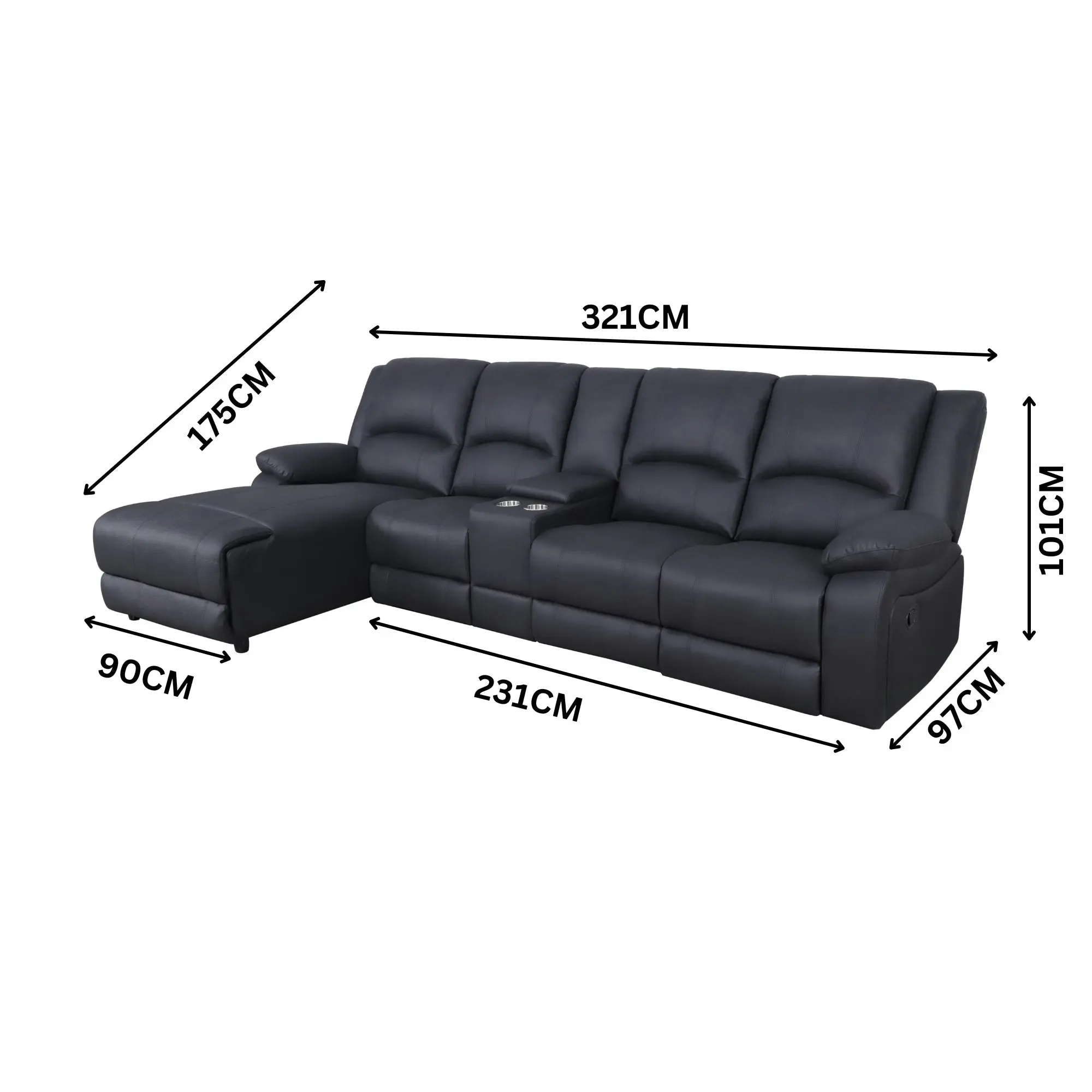 Anderson 3 Seater Fabric Manual Recliner Lounge LHF Chaise Onyx Black