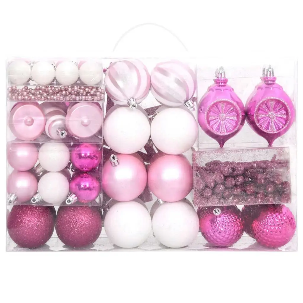 108 Piece Christmas Bauble Set White and Pink 330094