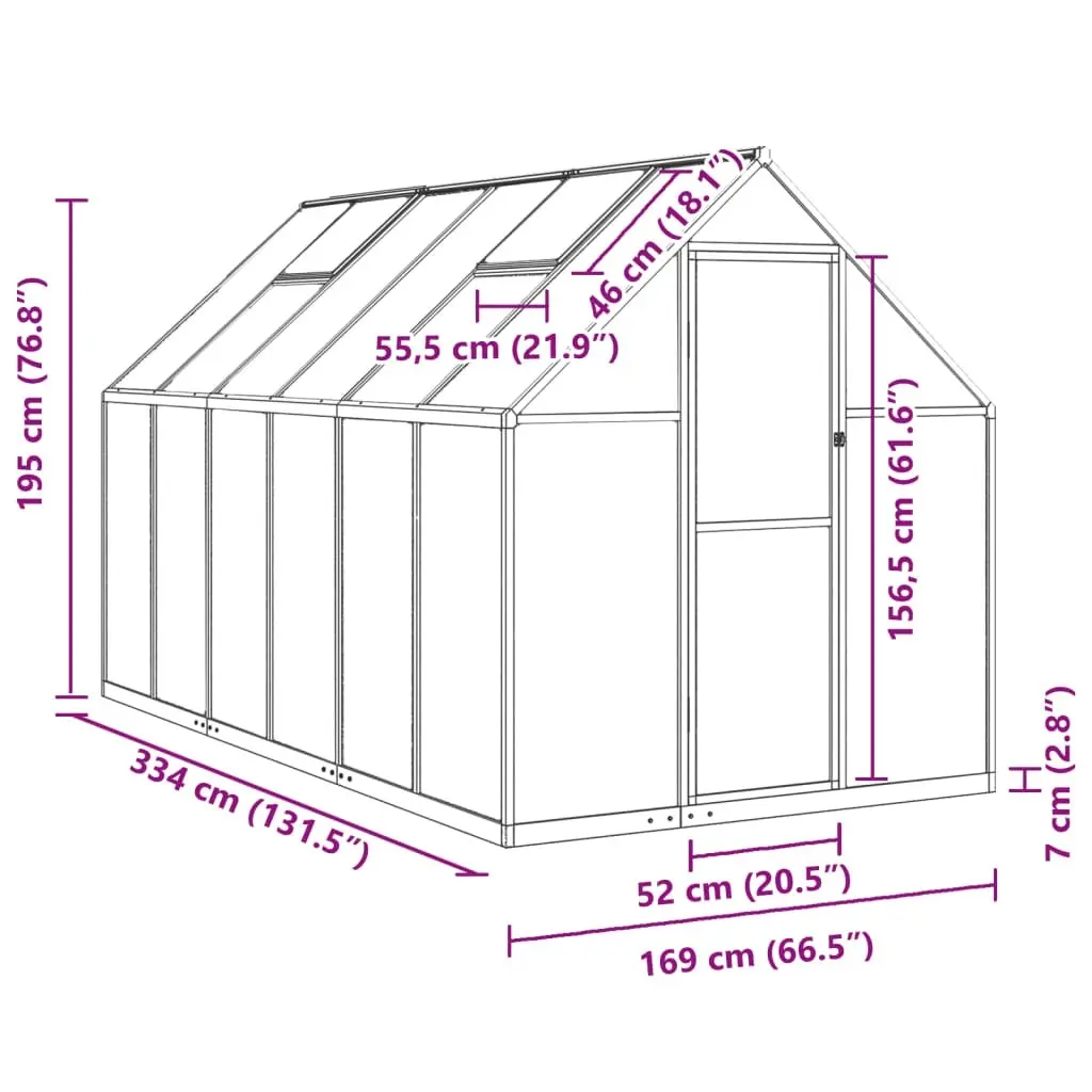 Greenhouse with Base Frame Silver 334x169x195 cm Aluminium 3266326