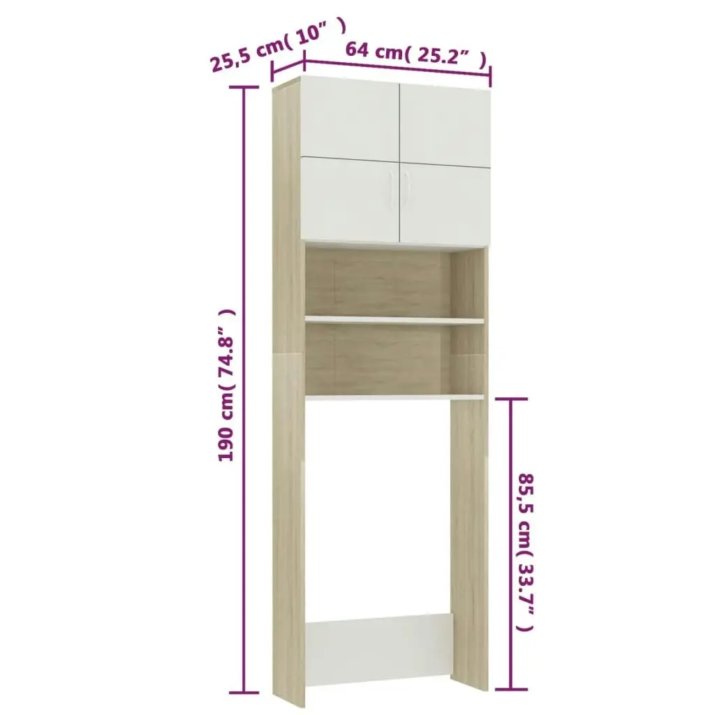 Washing Machine Cabinet White and Sonoma Oak 64x25.5x190 cm 800032