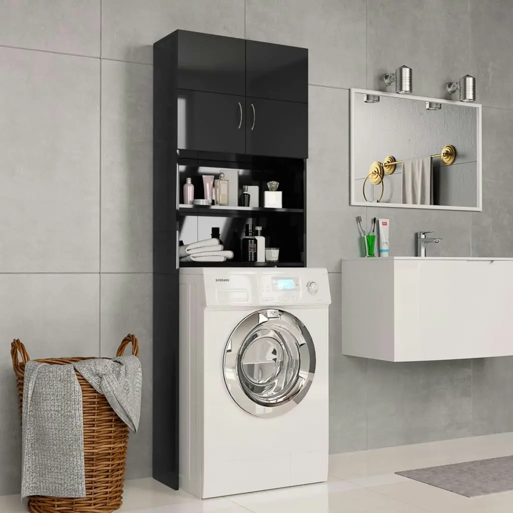 Washing Machine Cabinet High Gloss Black 64x25.5x190 cm 800034