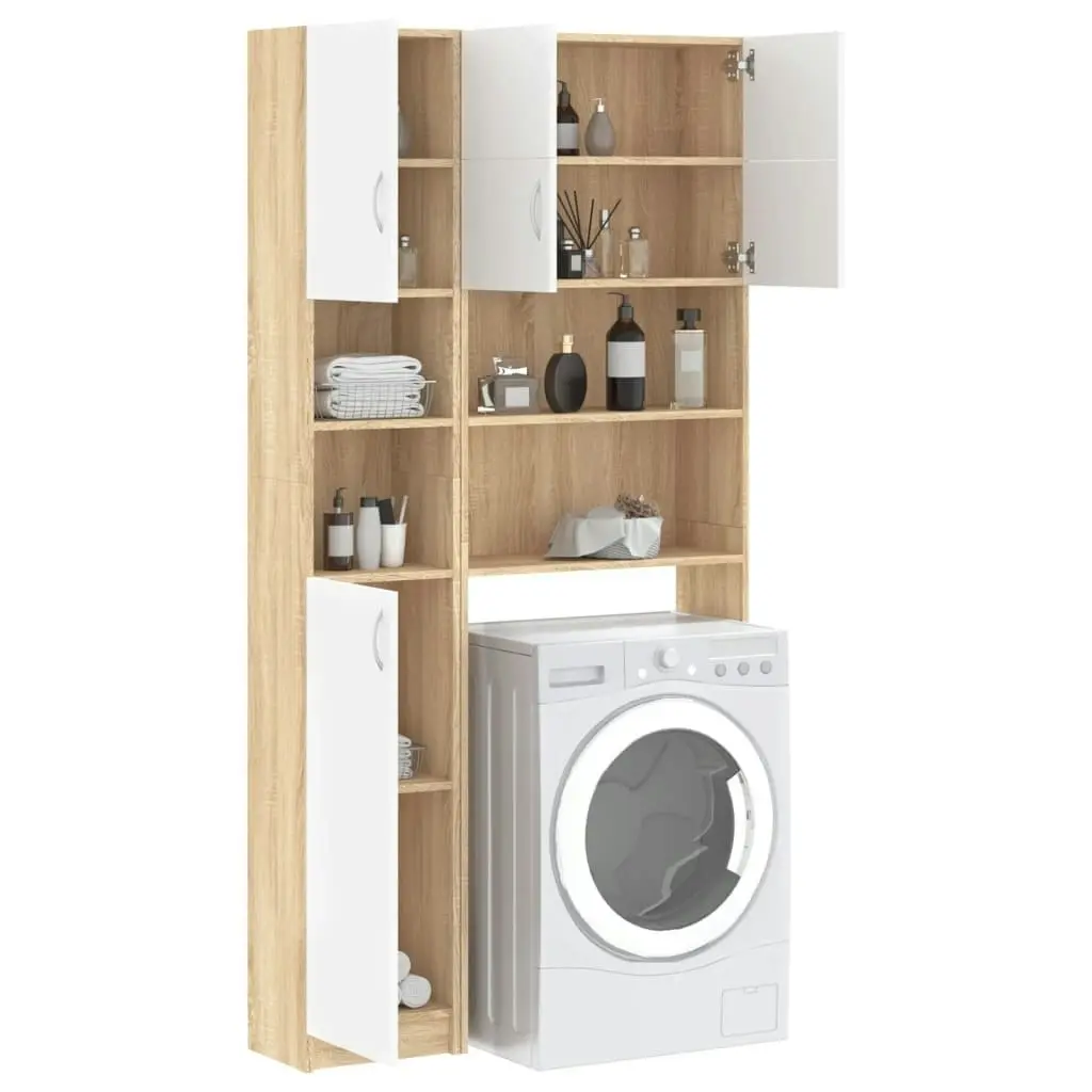 Washing Machine Cabinet Set White and Sonoma Oak Engineered Wood 3055641